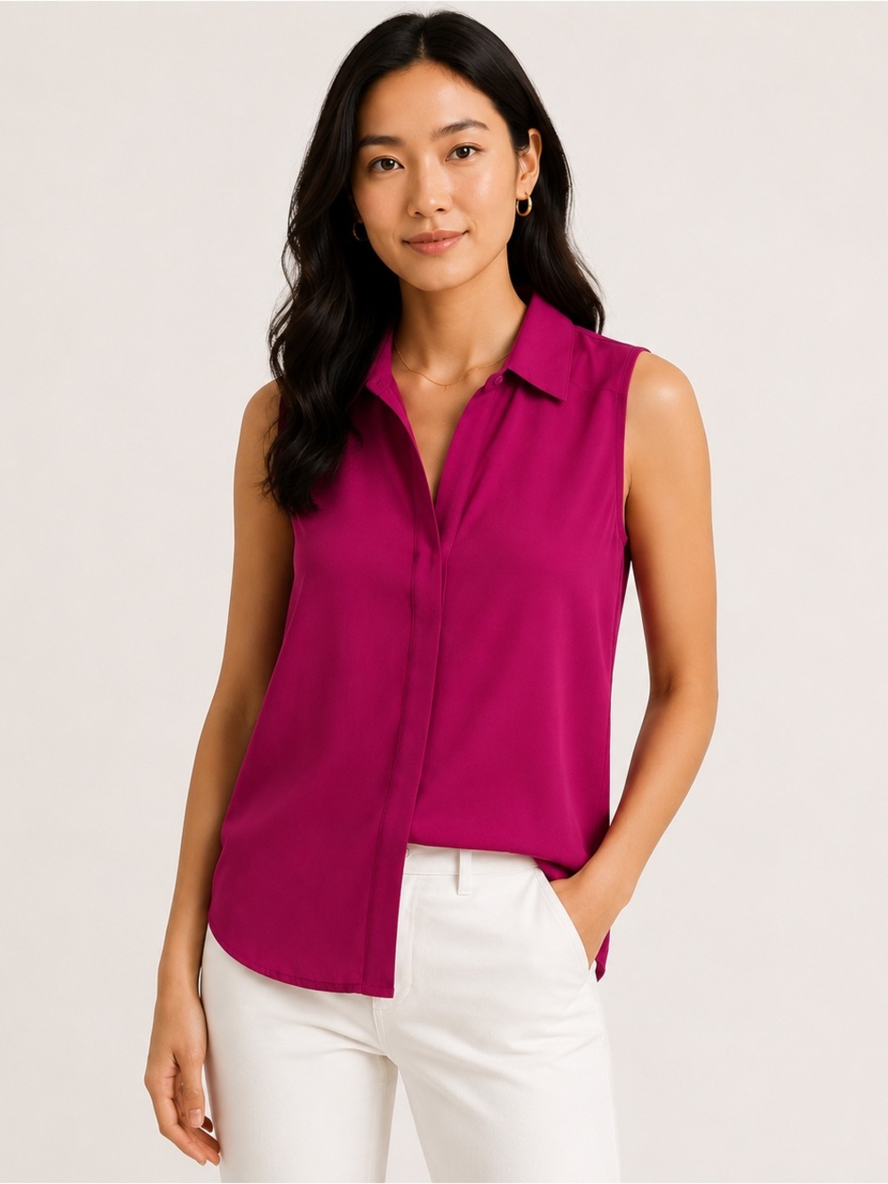 NWT Theory Malta Silk Sleeveless Collared top / blouse Fuchsia pink, XS/P/0